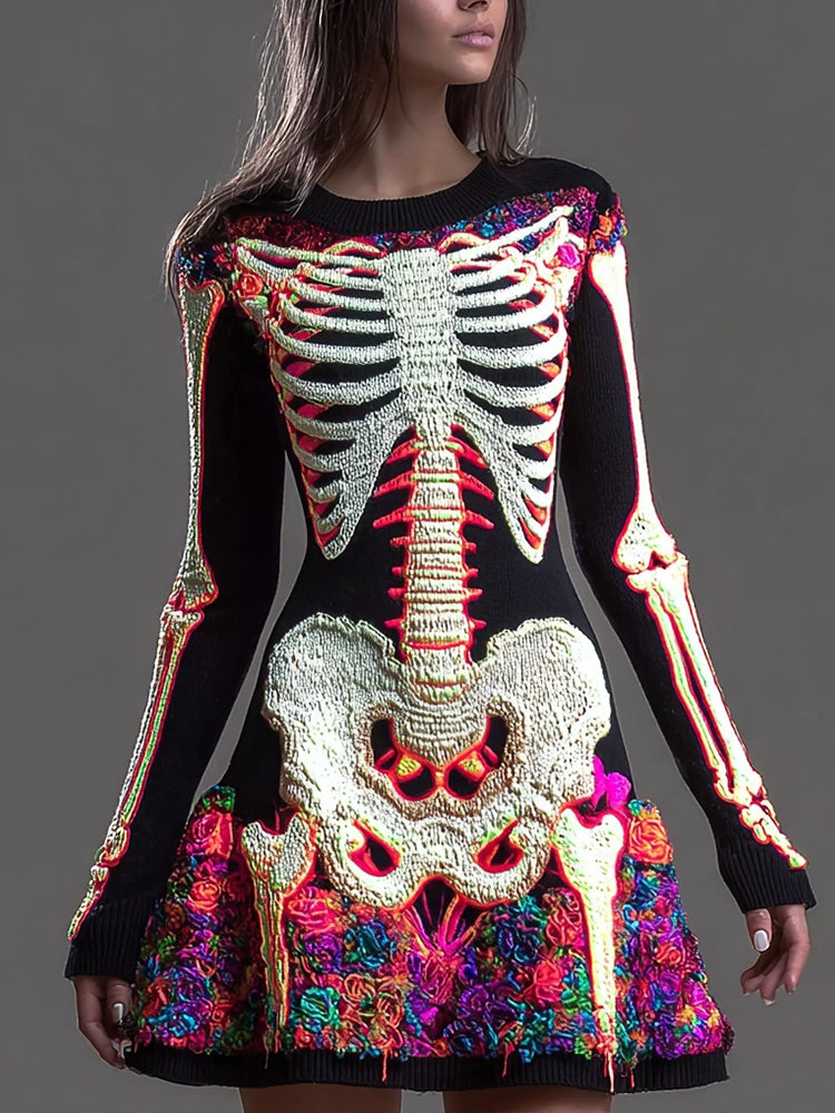 Day Of The Dead Neon Glowing Skeleton Midi Sweater Dress artswardrobe