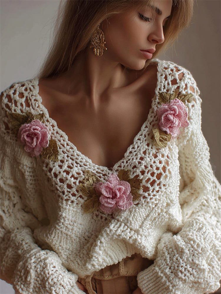 Vintage Pink Floral Fiber Art Lace Crochet Cozy Sweater elevenforest