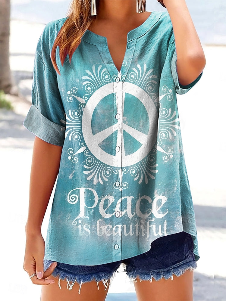 Women's Peace is Beautiful Art Print Short Sleeve Cotton and Linen Shi