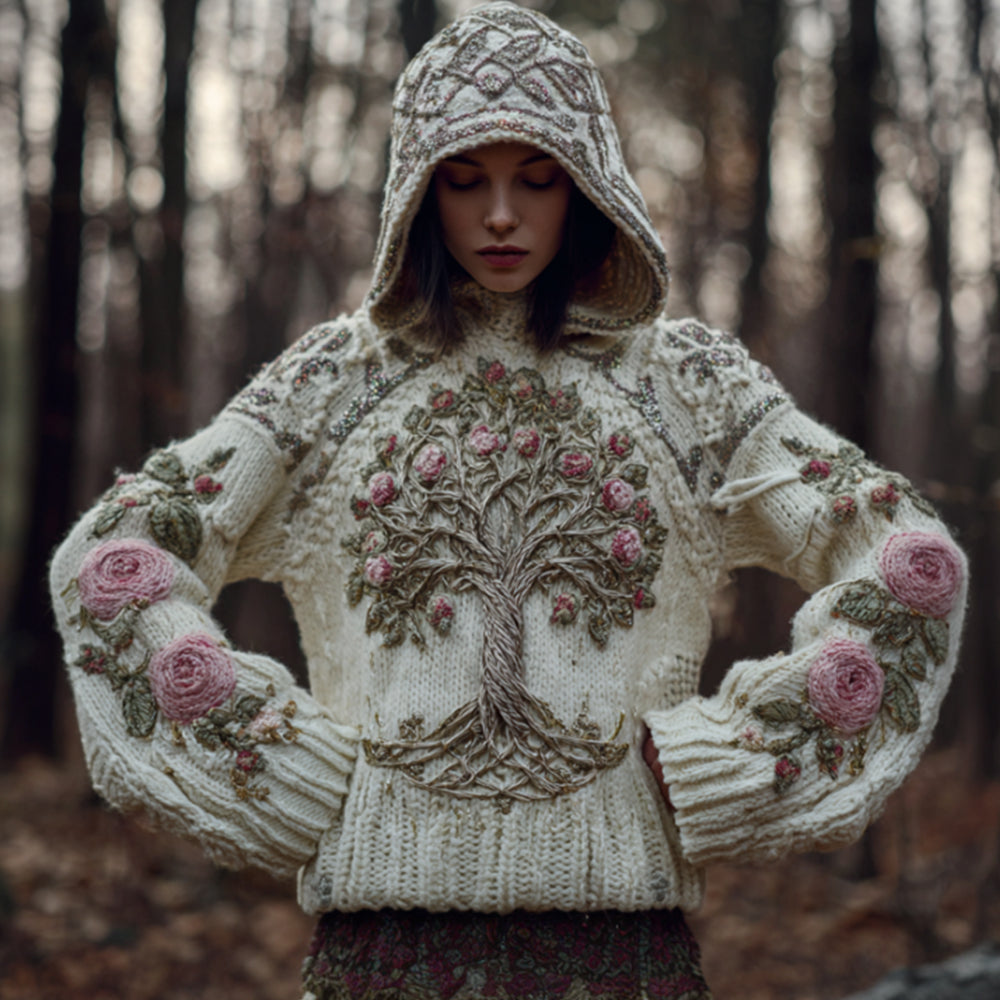 Women's Viking Style Tree Of Life And Rose Retro Warm Hooded Sweater artswardrobe