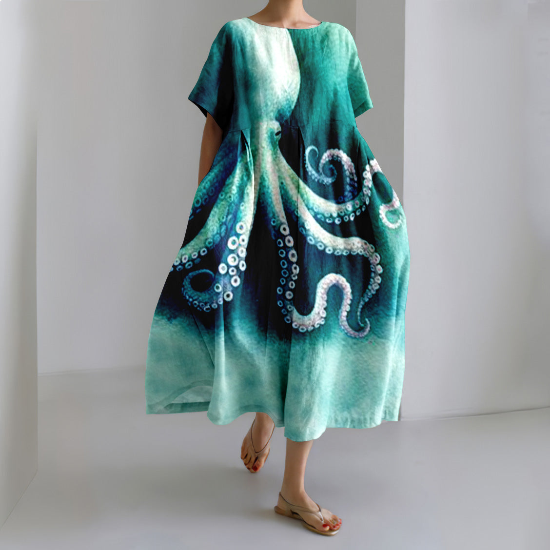 Japanese Octopus Watercolor Art Linen Blend Casual Dress