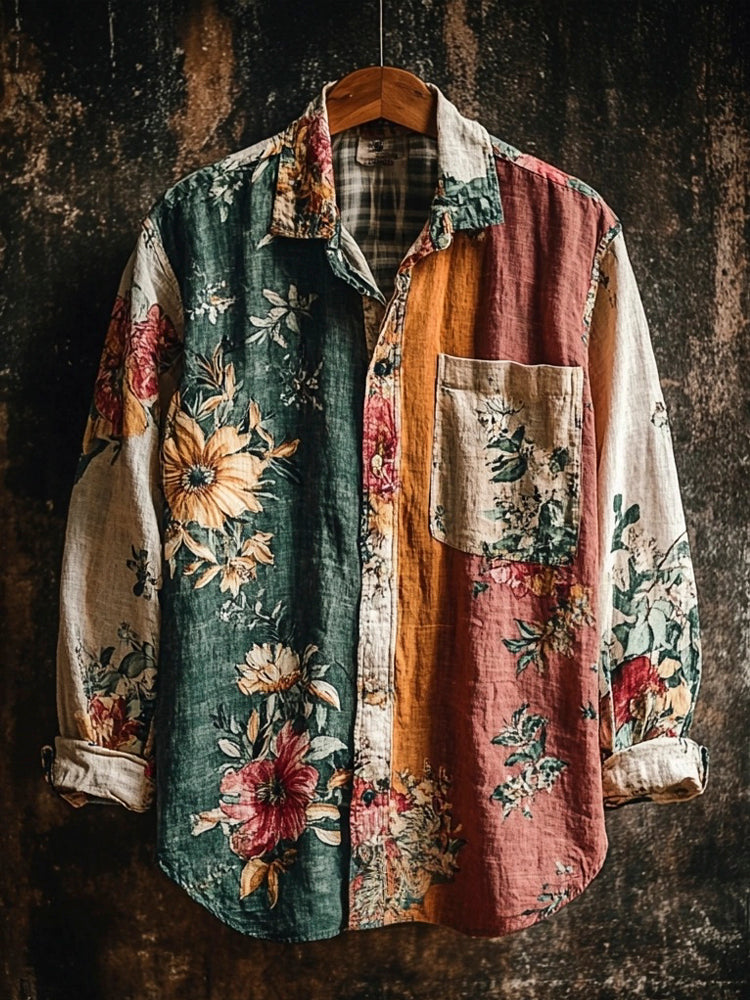 Vintage Floral Color Blocking Men's Linen Long Sleeve Shirt artswardrobe