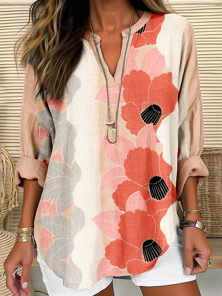Comstylish Vintage Japanese Flowers Art Linen Blend Shirt