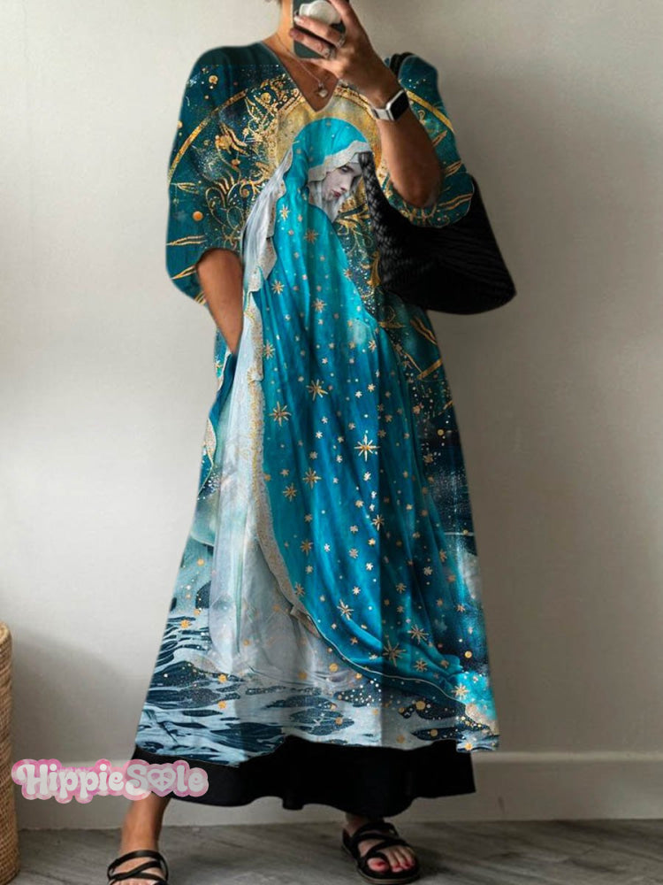 Women's Vintage Mary Star Of The Sea Art Print Pocket V-neck Cotton Dr