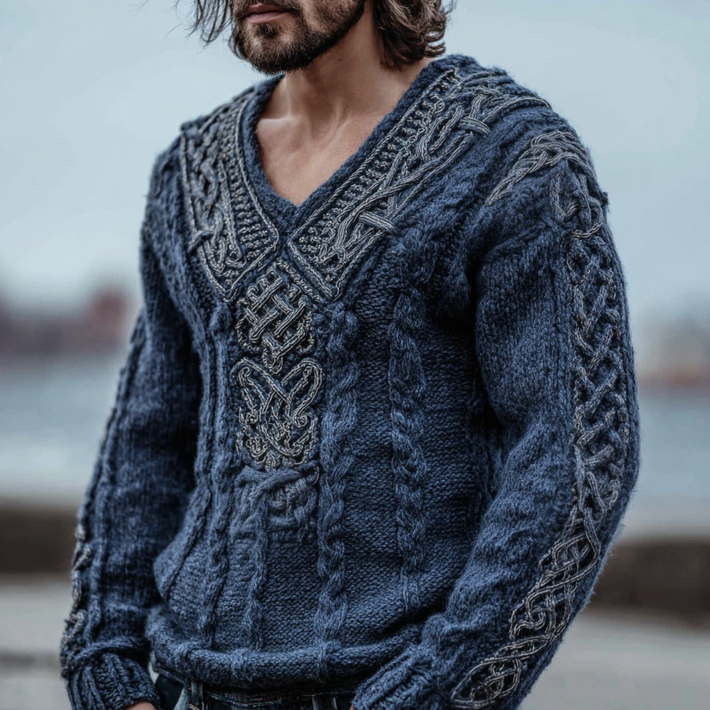 Men's Vintage Viking Celtic Knot Jacquard Knit V-neck Aran Sweater artswardrobe