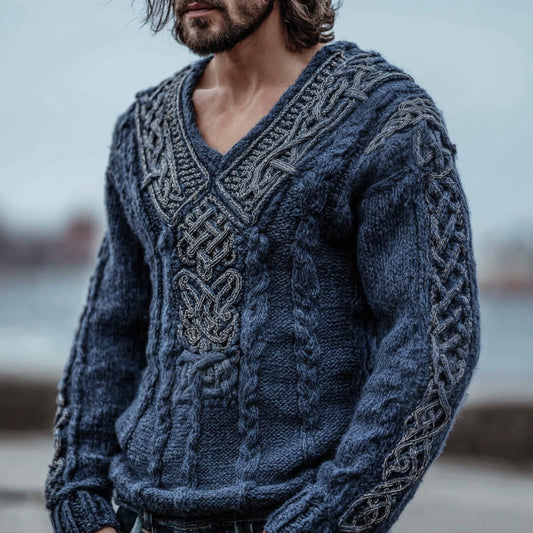 Men's Vintage Viking Celtic Knot Jacquard Knit V-neck Aran Sweater artswardrobe