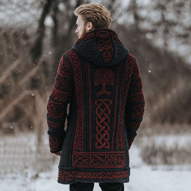 Men's Retro Tree Of Life Celtic Knot Art Jacquard Chunky Knitted Cozy Hooded Cardigan artswardrobe
