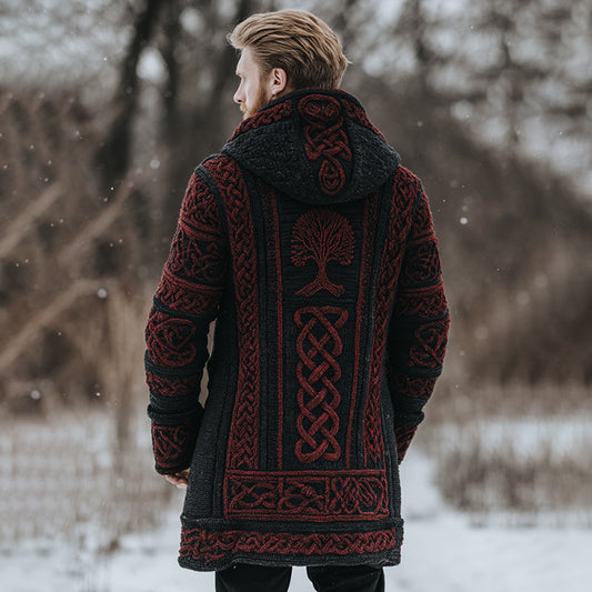 Men's Retro Tree Of Life Celtic Knot Art Jacquard Chunky Knitted Cozy Hooded Cardigan artswardrobe