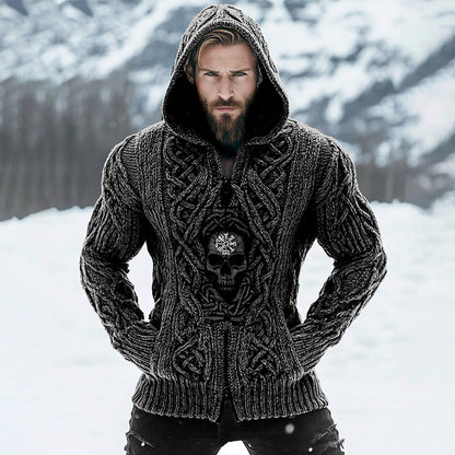 Men's Vintage Viking Runes Skull Inspired Celtic Zipper Hooded Cardigan artswardrobe