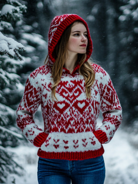 Women's Vintage Viking Valentine's Day Love Jacquard Hooded Sweater artswardrobe