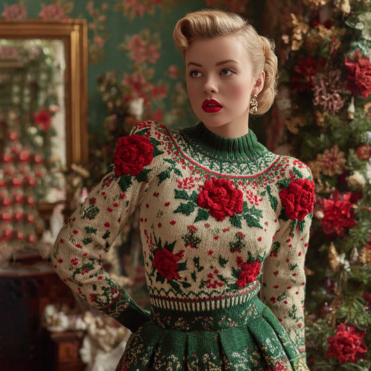 Women's Vintage Christmas Rose Fair Isle Holly Leaf Jacquard Sweater artswardrobe