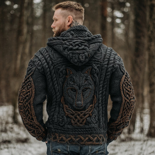 Men's Vintage Viking Wolf Celtic Knot Art Chunky Knit Hooded Zip-up Sweater artswardrobe