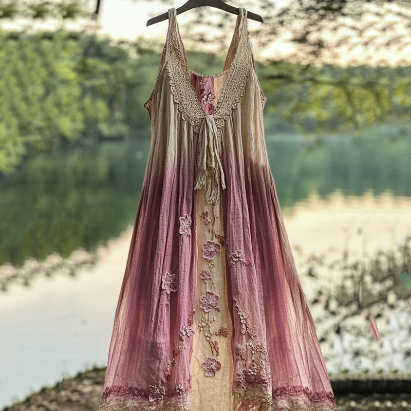 Retro Gradient Japanese Sakura Embroidered Art Lace Linen Dress artswardrobe