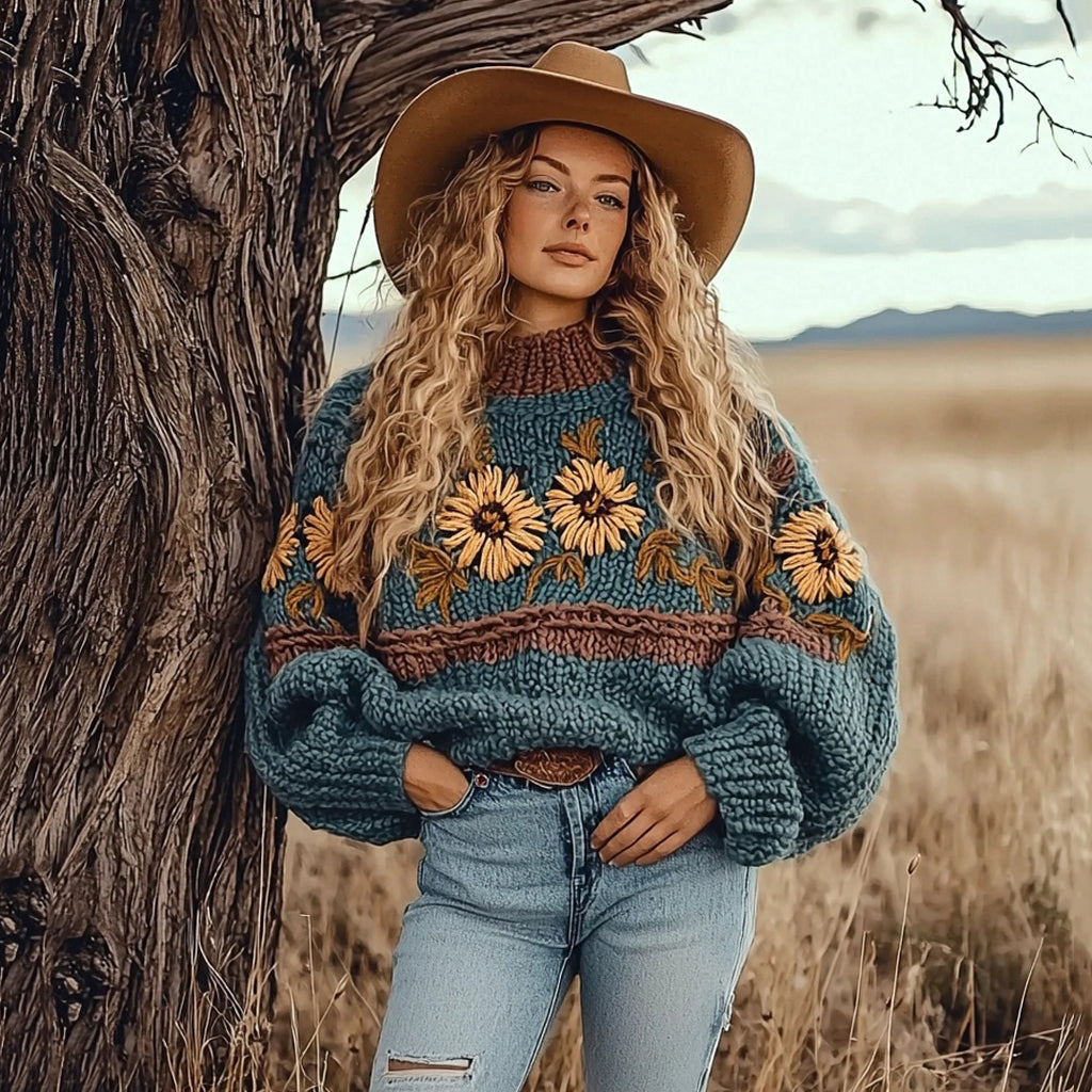 Women's Western Vintage Sunflower Floral Cozy Sweater artswardrobe