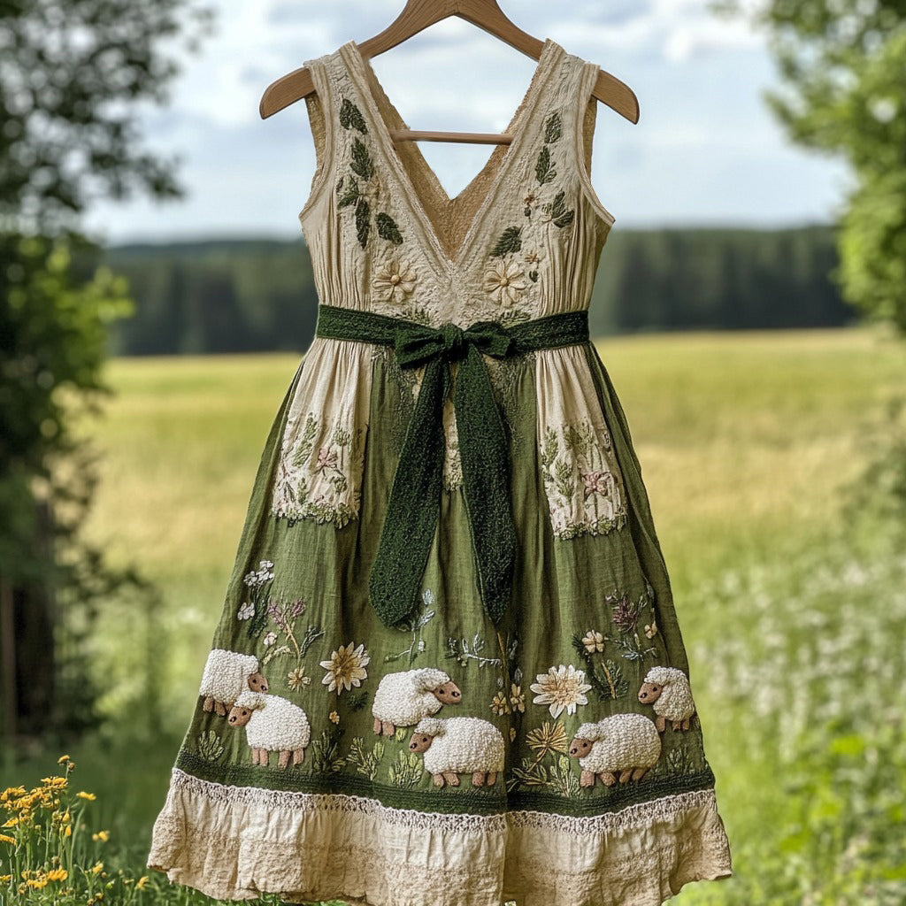 Women's Vintage Sheep And Grass Design Mini Dress artswardrobe