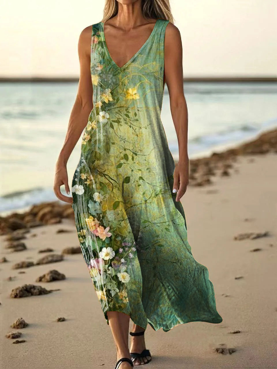 Women's Floral Art Print Pocket Cotton Dresses