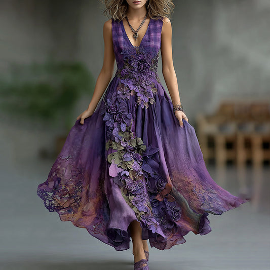 Vintage Embroidered Floral Plaid Patchwork Belt Maxi Dress artswardrobe