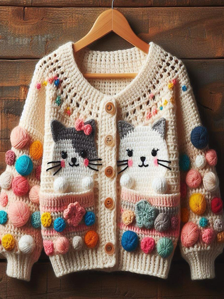Cute Cats Pattern Cozy Soft Crochet Cardigan elevenforest