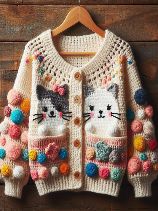 Cute Cats Pattern Cozy Soft Crochet Cardigan elevenforest