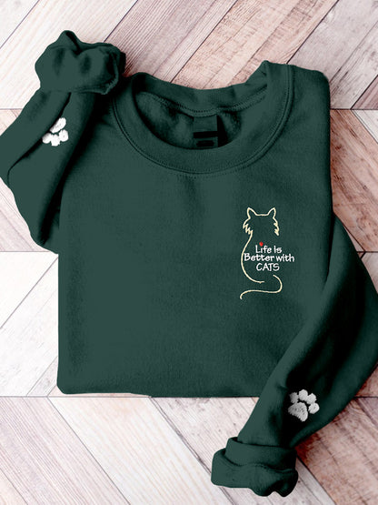 Comstylish Life Is Better With Cats Embroidered Comfy Sweatshirt