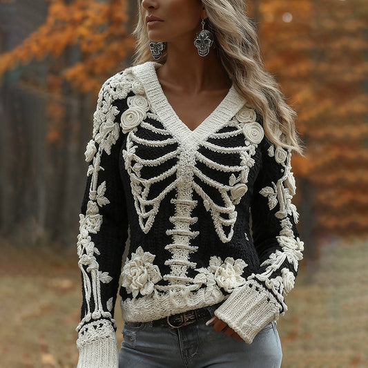 Women's Halloween Skeleton Bones With Roses Art Knitted Warm Sweater artswardrobe
