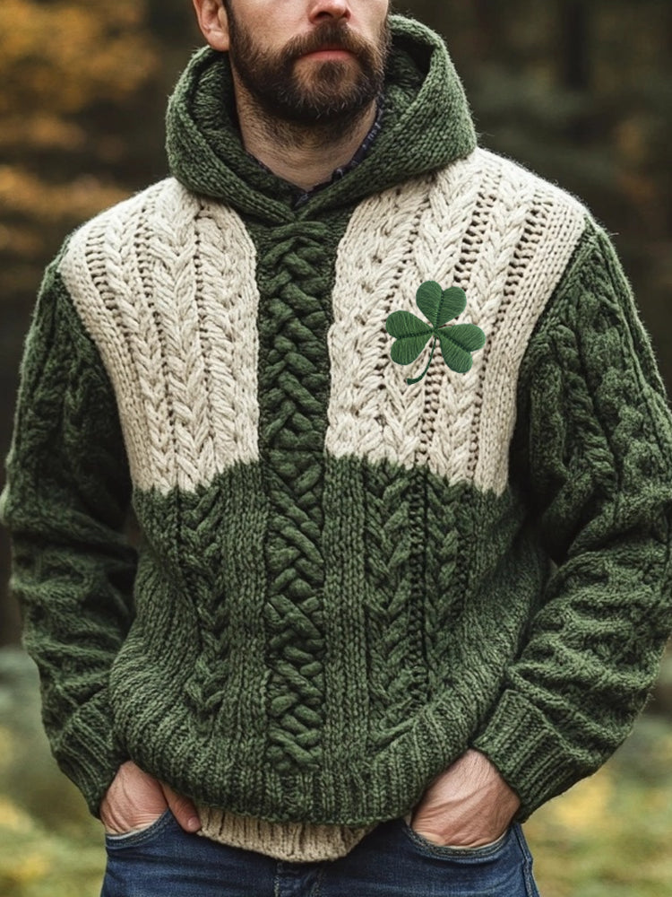 Men's Shamrock Embroidered Celtic Jacquard Contrast Color Hooded Sweater elevenforest