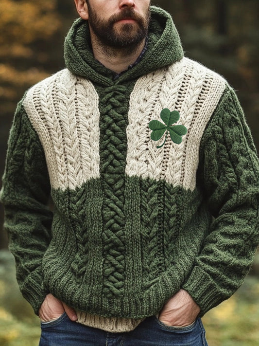Men's Shamrock Embroidered Celtic Jacquard Contrast Color Hooded Sweater elevenforest