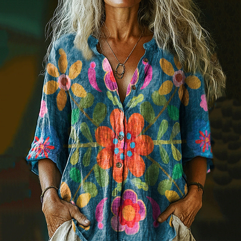 Comstylish Vintage Floral Art Linen Button-down Shirt