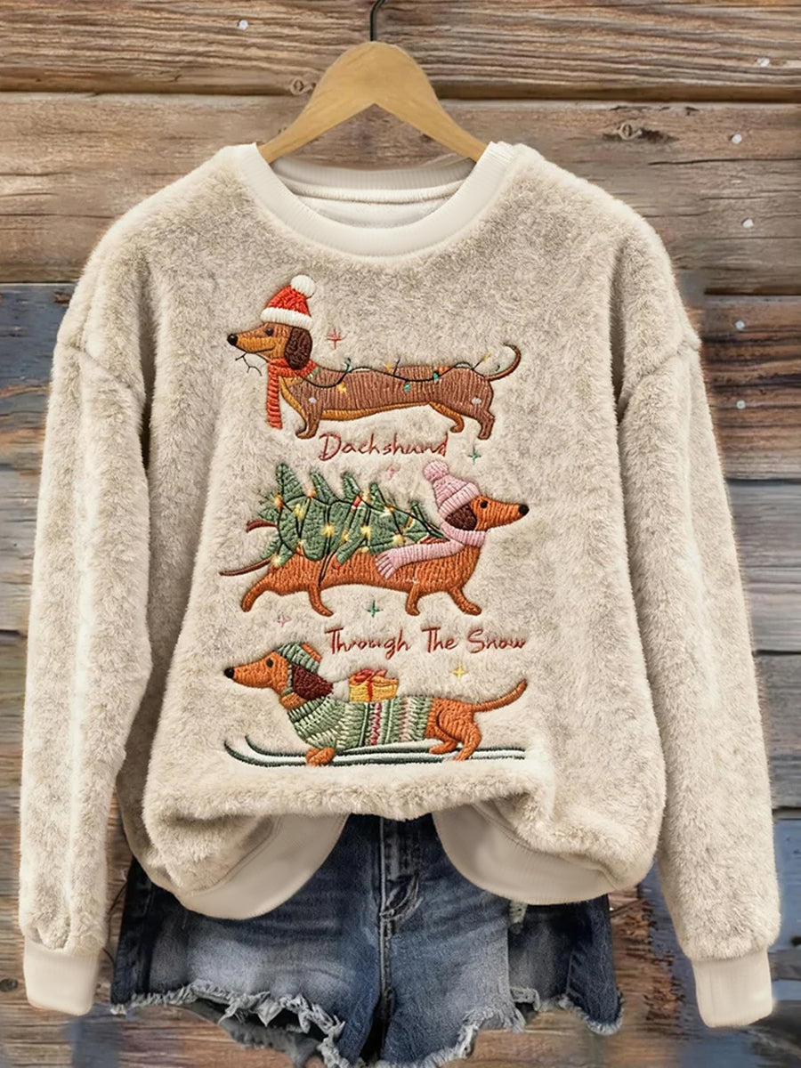Women's Cute Christmas Dachshund Pattern Flannel Hoodie