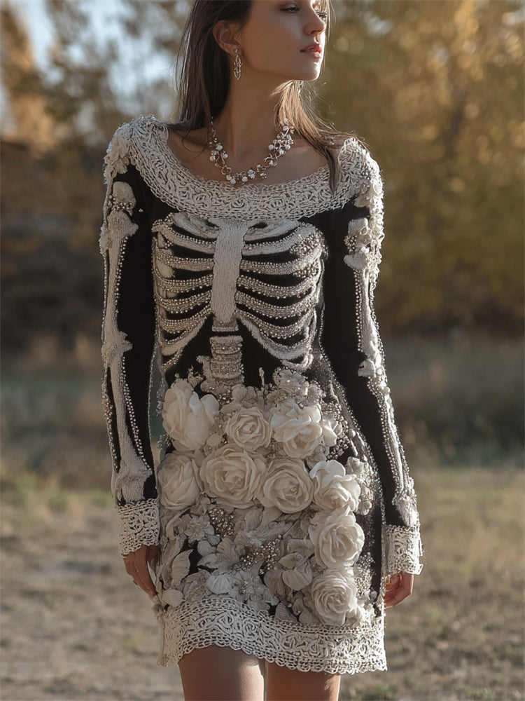 Classy Skeleton White Roses Lace Hem Knit Sweater Dress artswardrobe