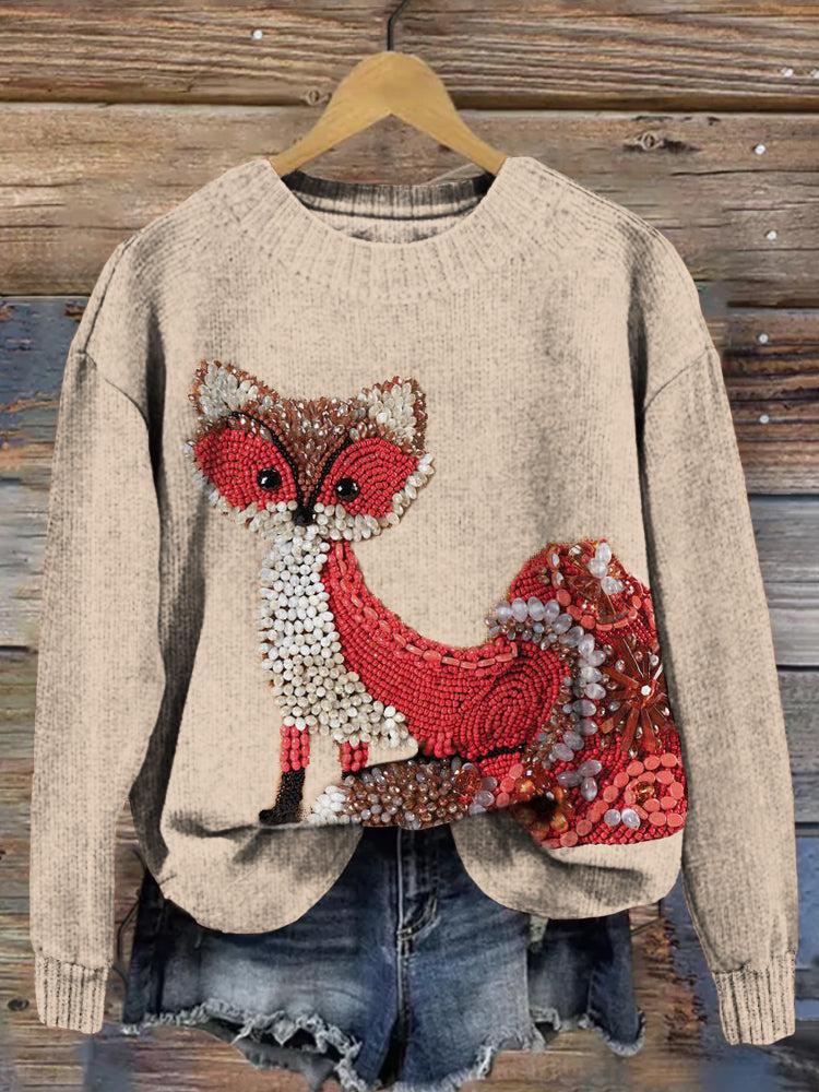 Cute Red Beaded Fox Art Comfy Knit Sweater artswardrobe