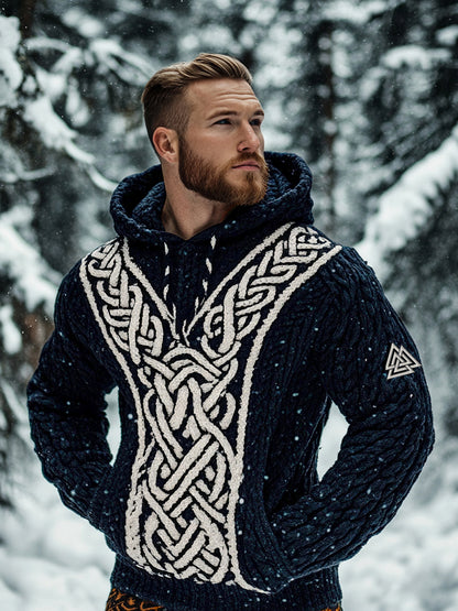 Men's Viking Tribal Jacquard Celtic Inspired Chunky Knit Hooded Sweater artswardrobe