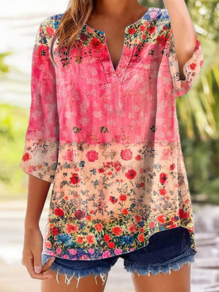 Comstylish Women's Casual Floral Print Cotton and Linen T-Shirt