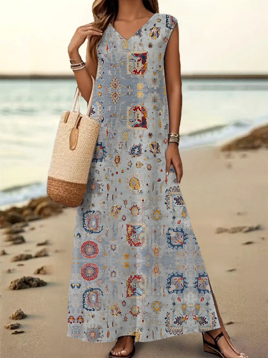 Women's Vintage Ethnic Tattoo Pattern Art Print V-Neck Sleeveless Cott