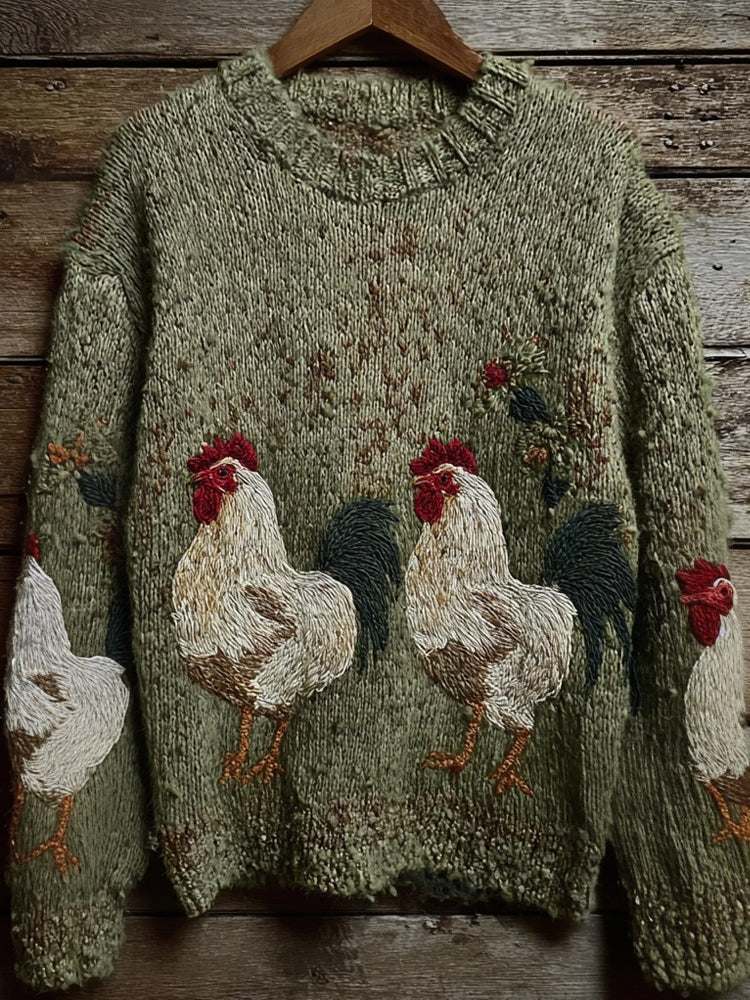 Vintage Roosters  Embroidered Crew Neck Cozy Knit Sweater artswardrobe
