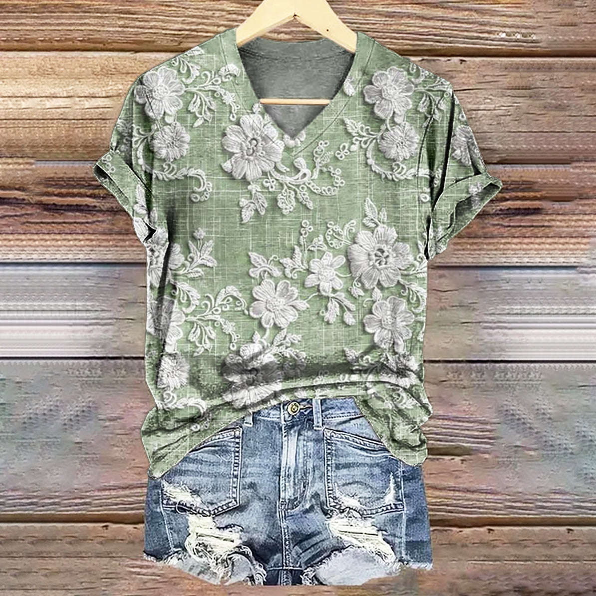 Women's Floral Texture Art Print V-neck Casual T-Shirt