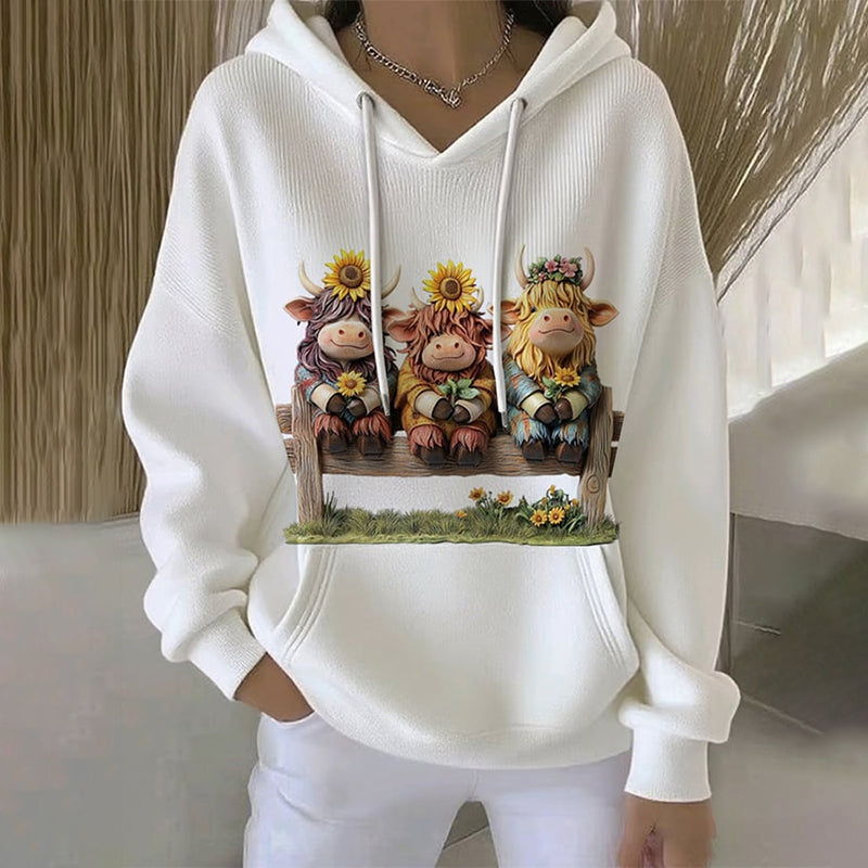 Women's Highland Cow Floral Print Long Sleeve Hoodie artswardrobe