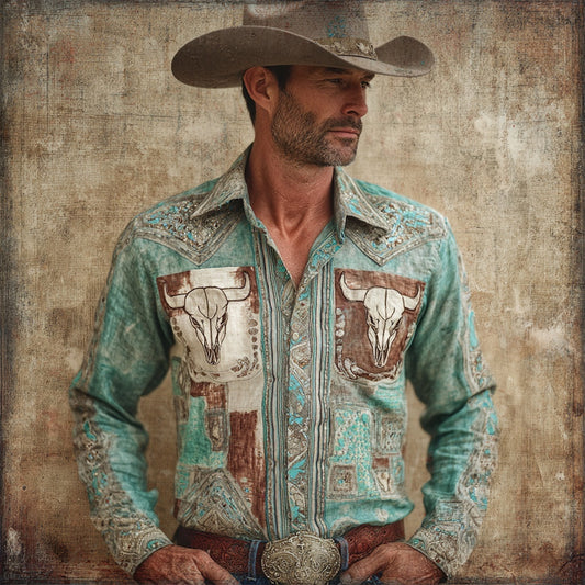 Western Bull Skull Pattern Men's Linen Long Sleeve Shirt artswardrobe