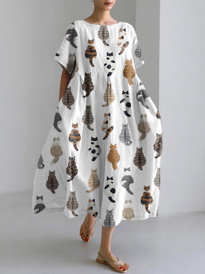Cute Cats Embroidery Pattern Linen Blend Dress elevenforest