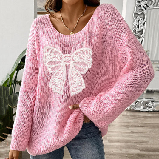 Women's Bow Embroidered Patch Pink Breast Cancer Awareness Knit Sweater elevenforest