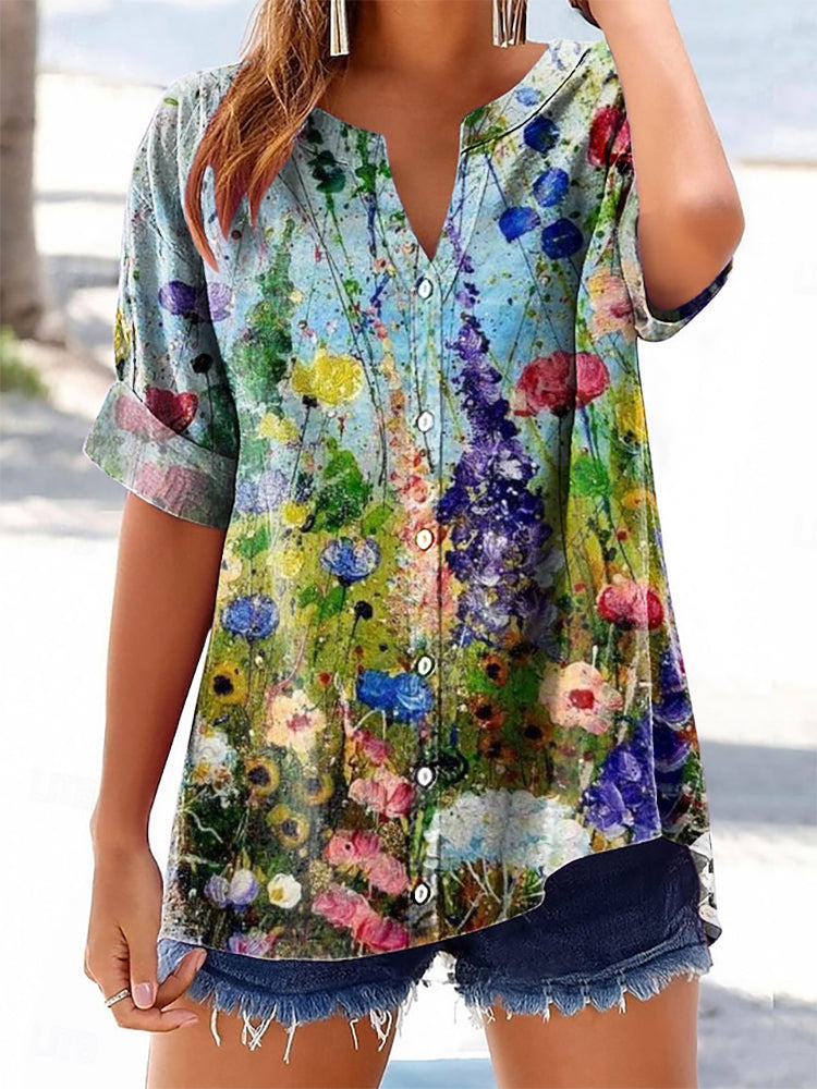 Women's Vintage Floral Art Print Casual Cotton And Linen Shirt