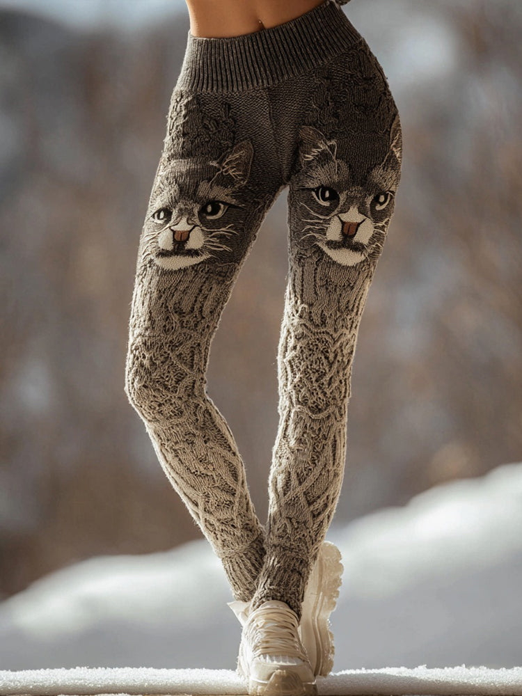 Comstylish Cute Cat Face Inspired Pattern Cozy Knit Leggings