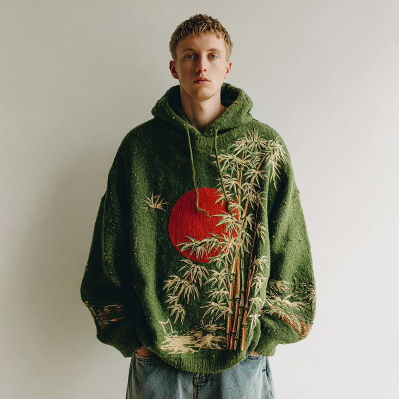 Men's Japanese Bamboo Forest And Red Sun Embroidery Cozy Knit Hooded Sweater artswardrobe