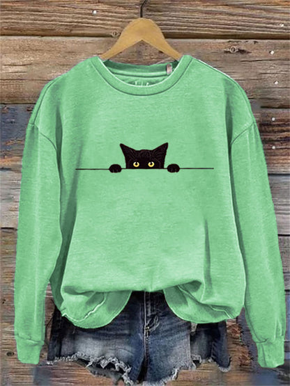 Comstylish Women's Casual Funny Black Cat Print Sweatshirt
