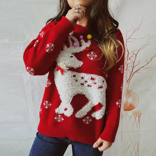 Greta® | Women's knitted sweater with warm elk flock Christmas jacquard crew neck