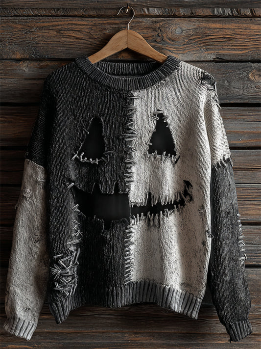 Halloween Pumpkin Face Contrast Stitched Cozy Knit Sweater elevenforest