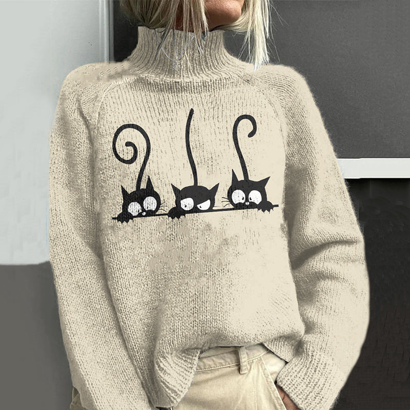 Cute Cat Art Print Knitted Sweater elevenforest