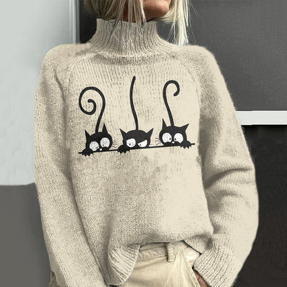 Cute Cat Art Print Knitted Sweater elevenforest