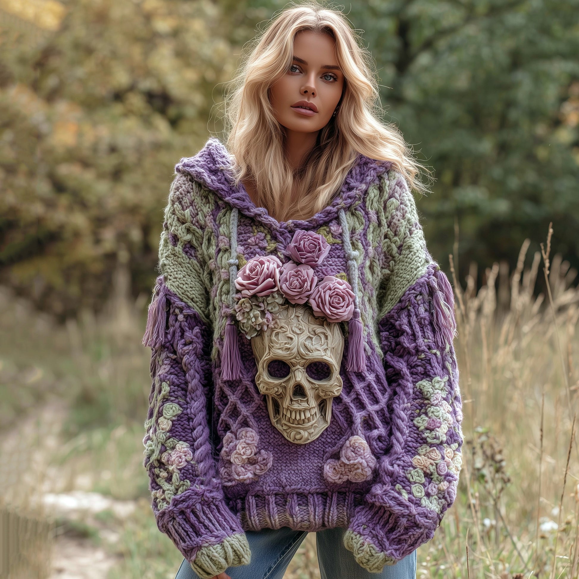 Women's Rose And Skull Inspired Knit Hooded Sweater elevenforest