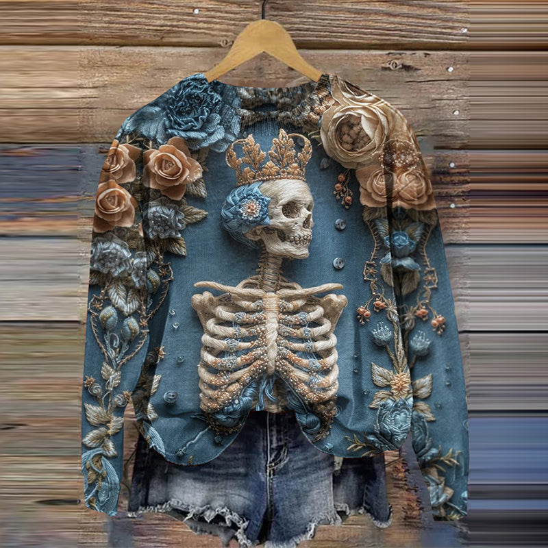 Comstylish Halloween Mexican Day Of The Dead Floral Skull Art Print Crew Neck Sweatshirt